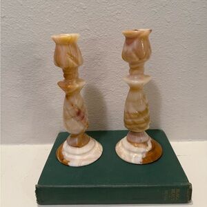 Vintage Pair of Onyx/Alabaster 8in Candlestick Holders